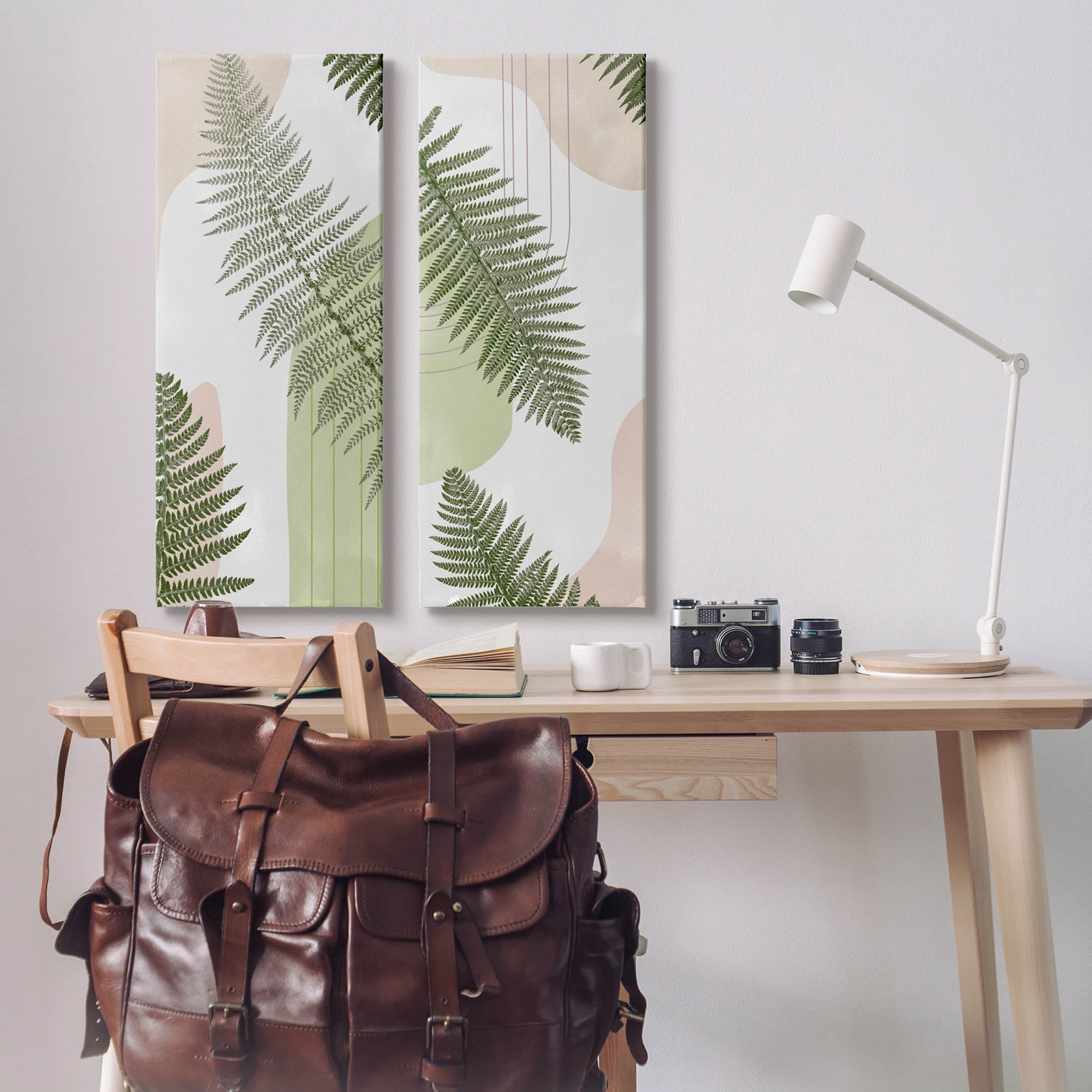 Fern Leaves Pastel Geometric Botanical & Floral Graphic Art Gallery Wrapped Canvas Print Wall Art, Set of 2