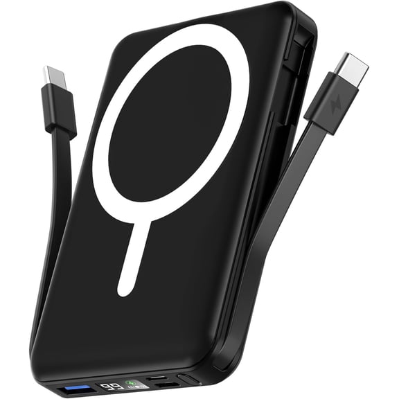 Podoru Wireless Portable Charger, 10000mAh Magnetic Power Bank Built-in USB C Lighting Cables 22.5W PD Fast Charging LED Display Battery Pack for for iPhone 16/15/14/13/12 - Black
