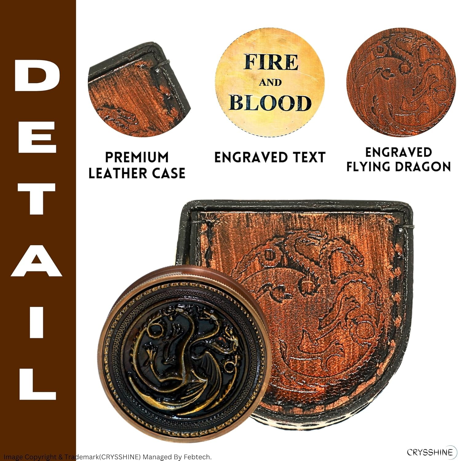 Navy Collection Engraved Flying Dragon 'Fire and Blood' Quote – 2-Inch Antique Finish Collectors' Compass with Premium Leather Case