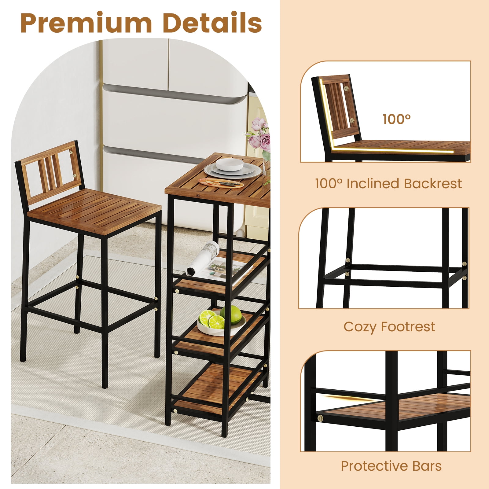 Gymax 3 Pieces Outdoor Wood Bar Set w/ 3-Tier Storage Shelf & Metal Frame for Backyard