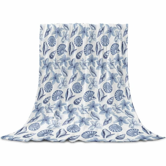 Blue Coastal Flannel Blanket for Bed, Shell Floral Ocean Retro Soft Cozy Warm Couch Throw Blanket, Lightweight Fluffy Plush Bedding Blankets for Sofa Decor All Season 50"x60"