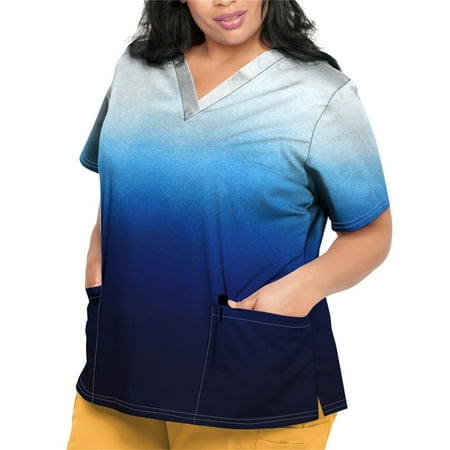 

Sksloeg Scrubs Tops for Women Plus Size Workwear V Neck Short Sleeve Gradient Printed Nursing Uniform Pattern Scrubs Shirts with Pockets Sky Blue M