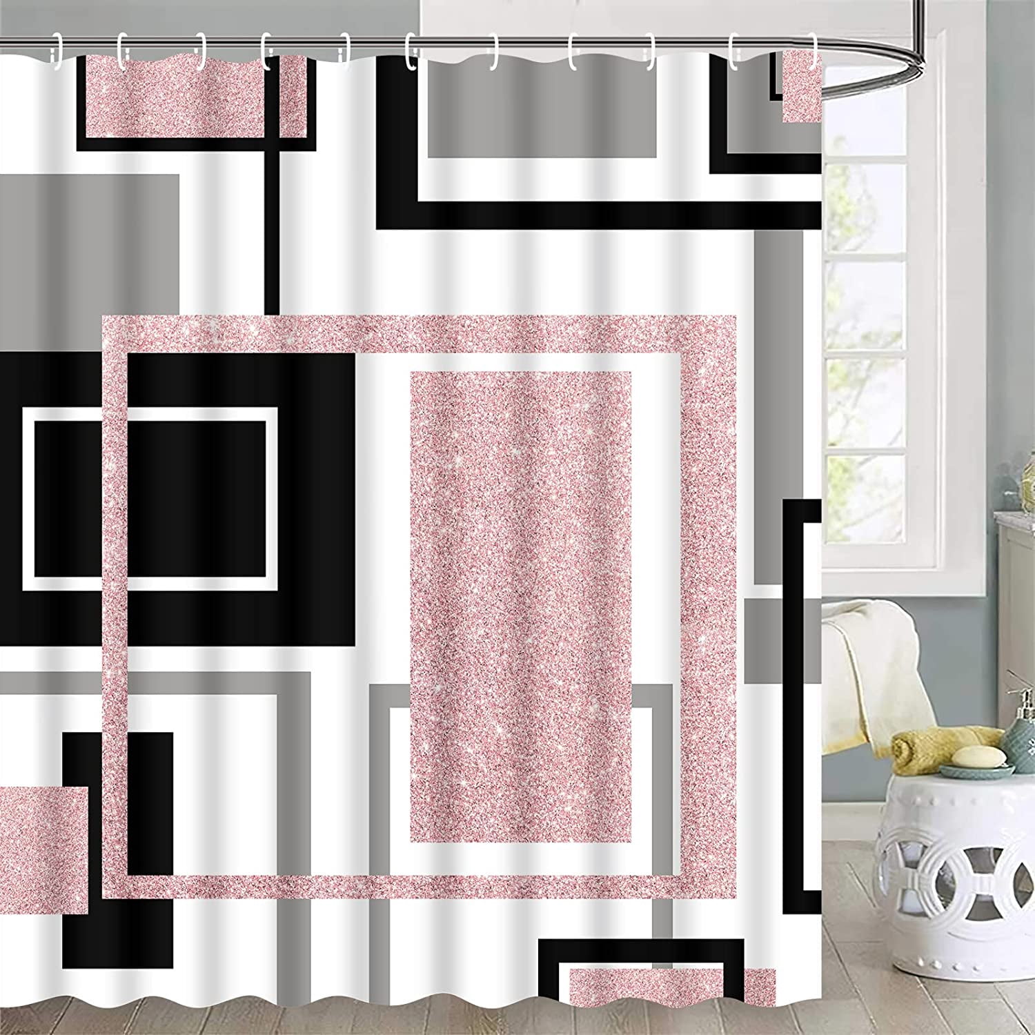 FRAMICS Pink Geometric Shower Curtain Sets with Rugs, 16 Pc Modern Abstract Bathroom Sets, Waterproof Fabric Bathroom Curtain Decor with Hooks
