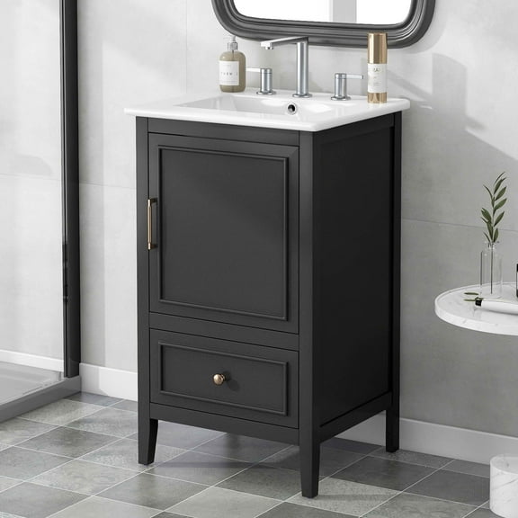 MAYEERTY 20" Bathroom Vanity with Sink 1 Door Shelf Adjustable Foot Pads Drawer Black