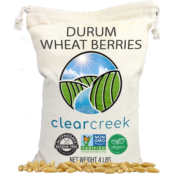 Clear Creek Certified Glyphosate Residue Free Durum Wheat Berries | 4 LBS | Whole Grains | Used to mill to Semolina Pasta Flour | North American Grown