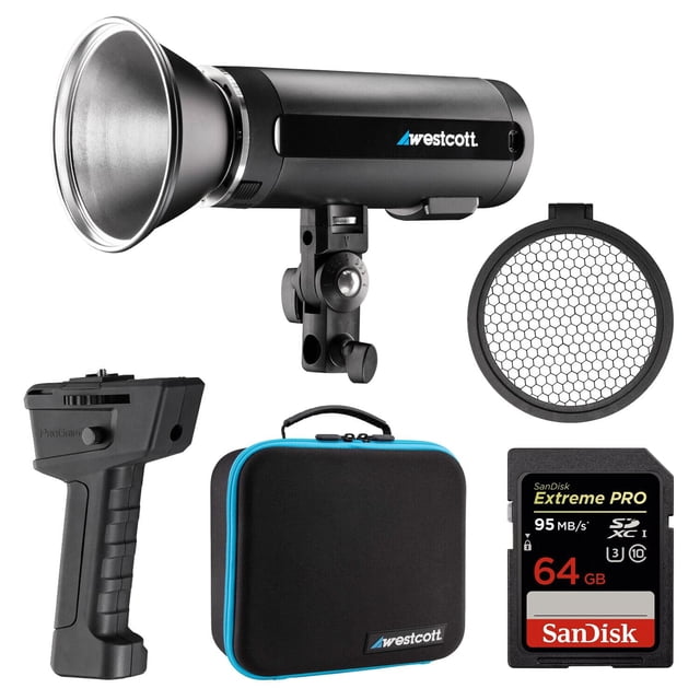 Luz estroboscópica Westcott FJ200 de cabeza redonda con tarjeta de memoria de 64 GB