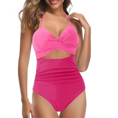 High-Waisted Cutout Women s Swimsuit: Wrap Tie Back 1-Piece Bathing Suit for Style & Comfort Pink XXL