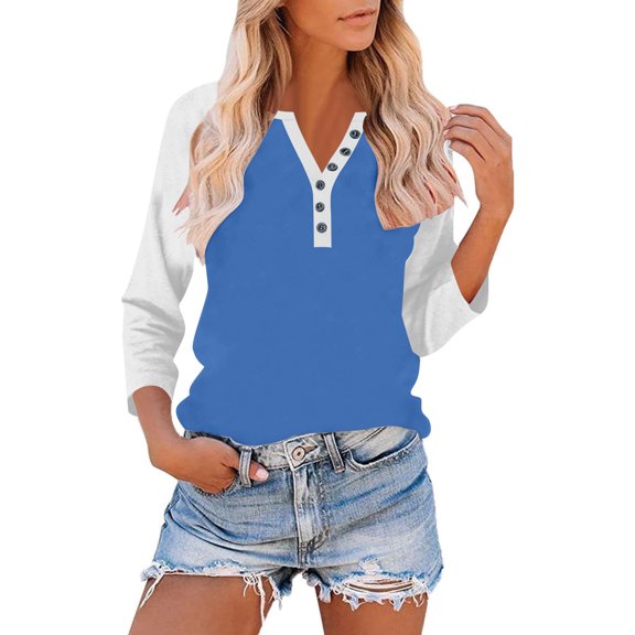 Fznquz Casual Womens 3/4 Sleeve Summer Tops Blue Color Block Tee V Neck Button Raglan Fashion Clothing,L