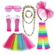 80s Costume Accessories Set for Women, 80s Fancy Dress Outfits with Tutu Leg Glove Necklace Headband Earring Glasses
