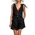 thumbnail image 2 of Mifsaly Linen Two Piece Set Women Tie Strap Sleeveless V-Neck Button Down Tops and High Waist Shorts Lightweight Casual Summer Travel Beach Outfits Black,XL, 2 of 6