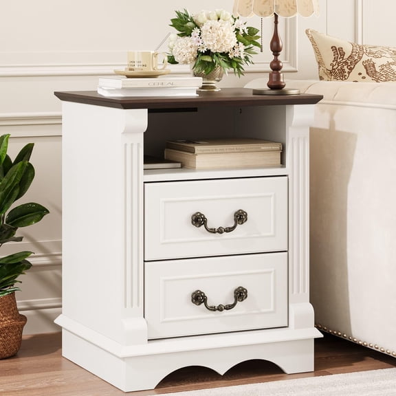 HoopieHome Modern White Nightstand with USB Ports and Outlets, 2 Drawers, Open Shelf