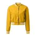 thumbnail image 4 of LEKODE Women Long Sleeve Button Down Cropped Faux Leather Varsity Baseball Bomber Jacket Casual Biker Motorcycle Coat with Pockets Streetwear Yellow M, 4 of 5