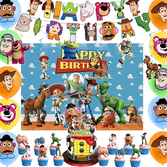 Toy-Story Party Supplies, Birthday Party Decorations Set Include Banner, Backdrop, Balloons, Hanging Swirls, Cake Cupcake Toppers, for boys Party Decorations