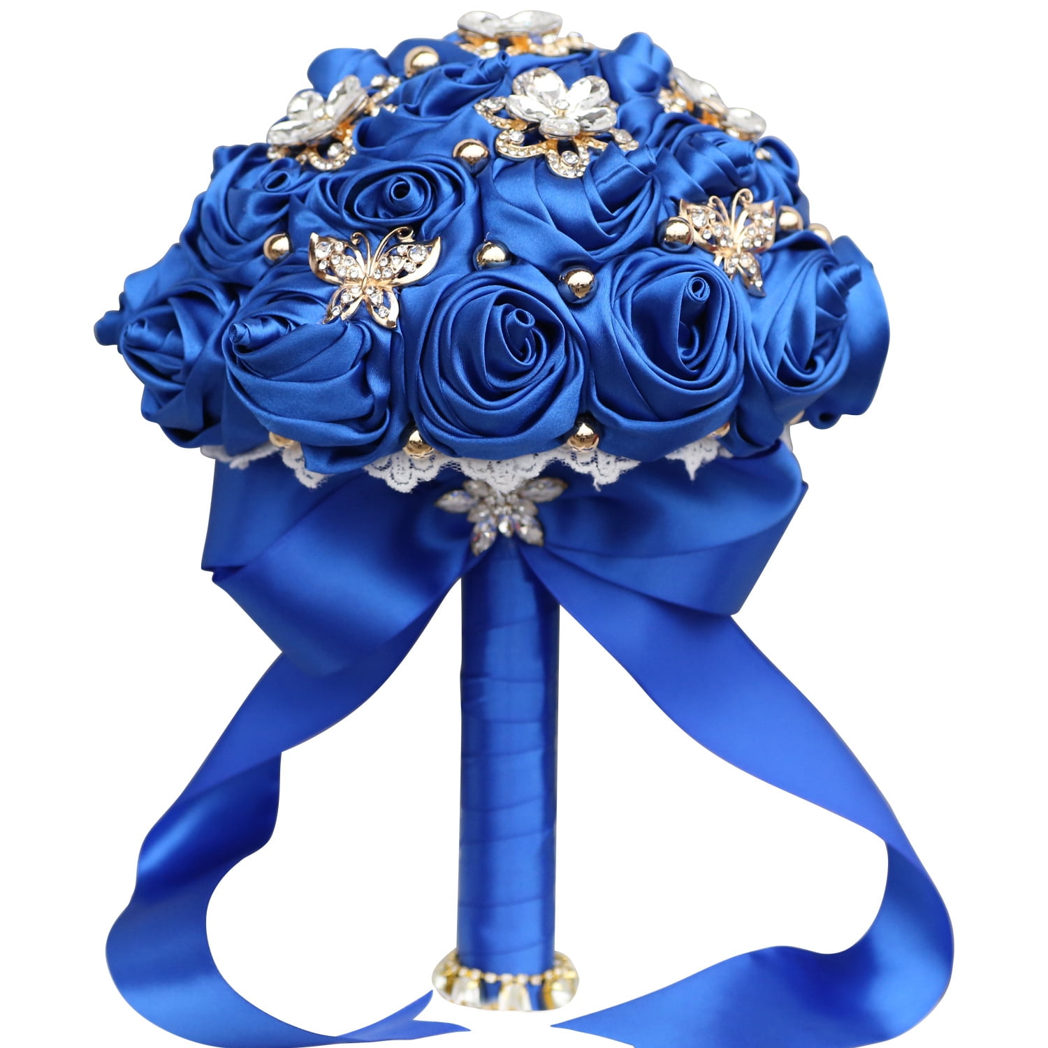 Nvzi -b Bridal Holding Wedding Bouquet Bridesmaid Satin Rose Artificial Pearls Satin Ribbons Wedding Floral Bouquet,Dark Blue-A
