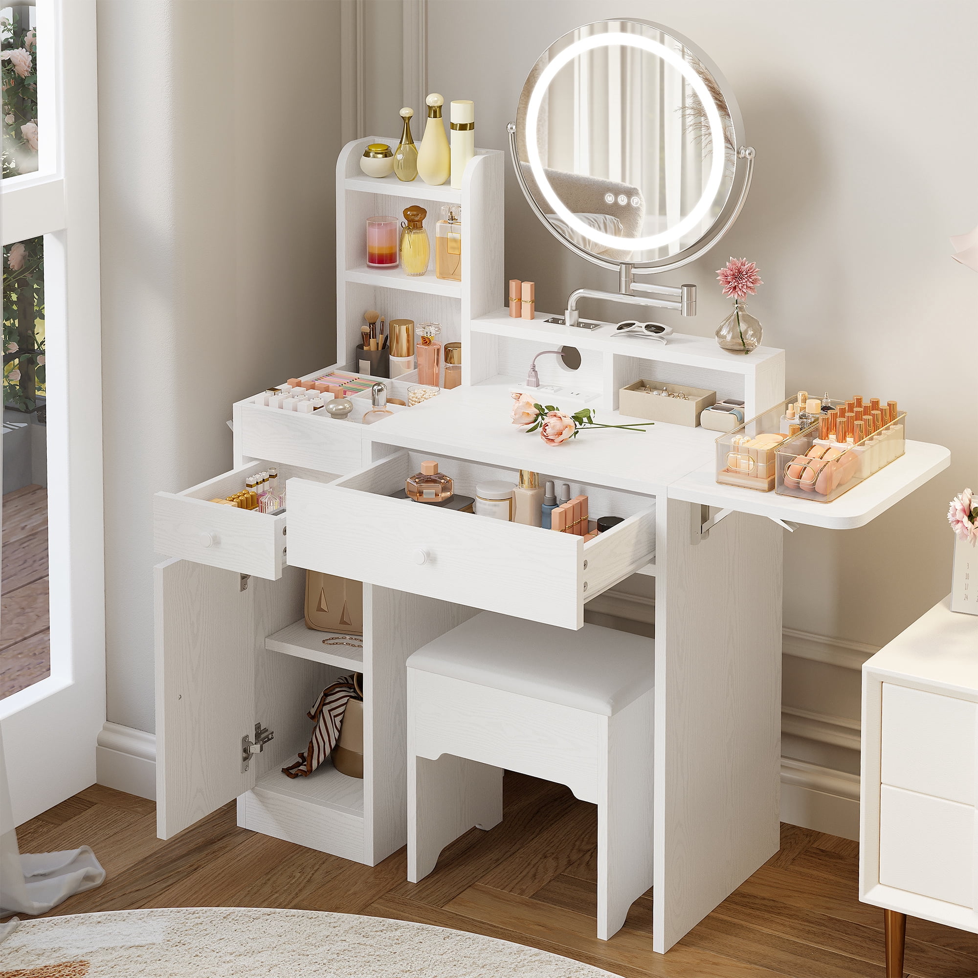 IRONCK Makeup Vanity Table Set with Adjustable LED Mirror, Power Outlet & Storage Drawers, White