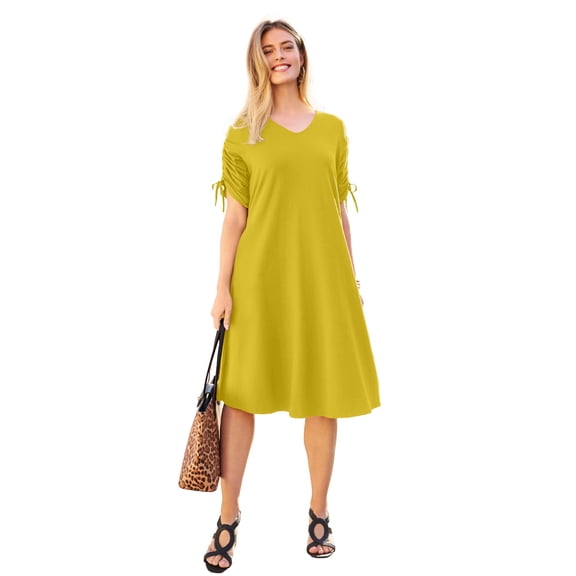 Jessica London Women's Plus Size Stretch Cotton Tie Sleeve Midi Dress