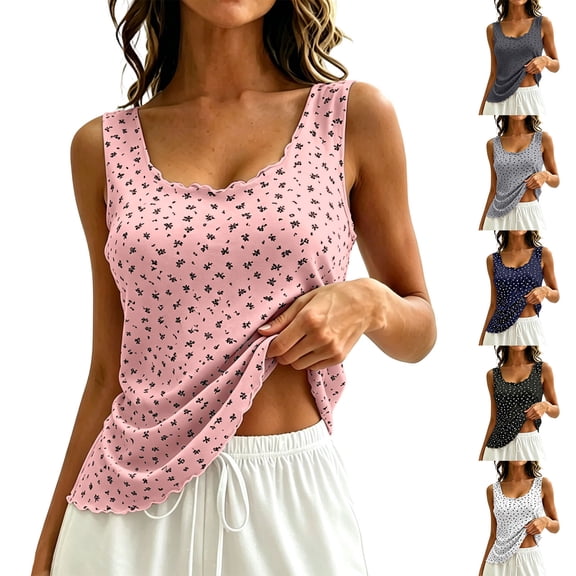 Luivaraty Tank Tops for Women Floral Print Shrits Soft Built in Bras Round Neck Sleeveless Homewear Blouse, S-L