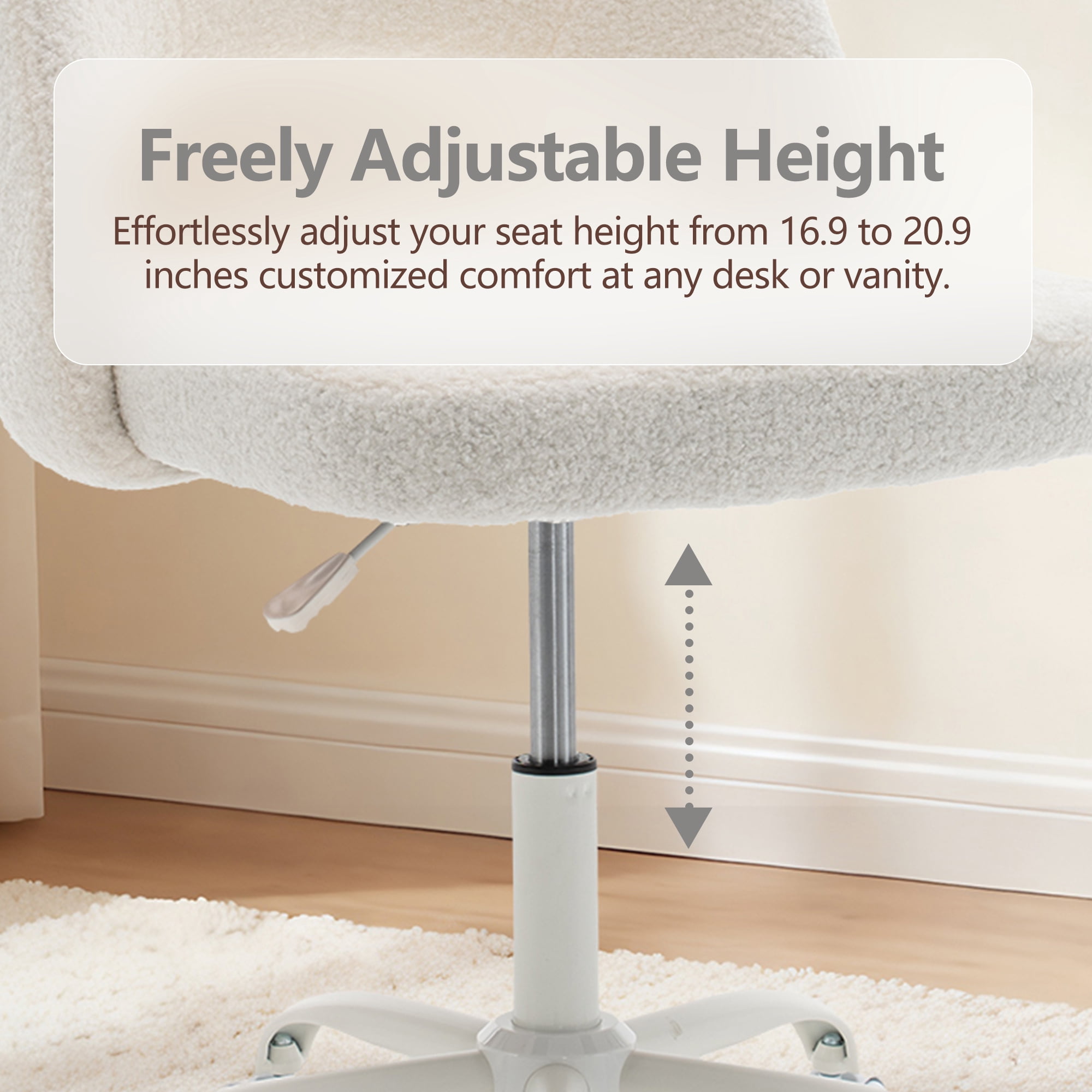 ENYLAY White Fluffy Teddy Fleece Vanity Chair, Height Adjustable 360° Swivel Rolling Desk Chair, Ergonomic Upholstered Makeup Chair, Modern Cute Accent Chair for Bedroom Home Office Vanity Room