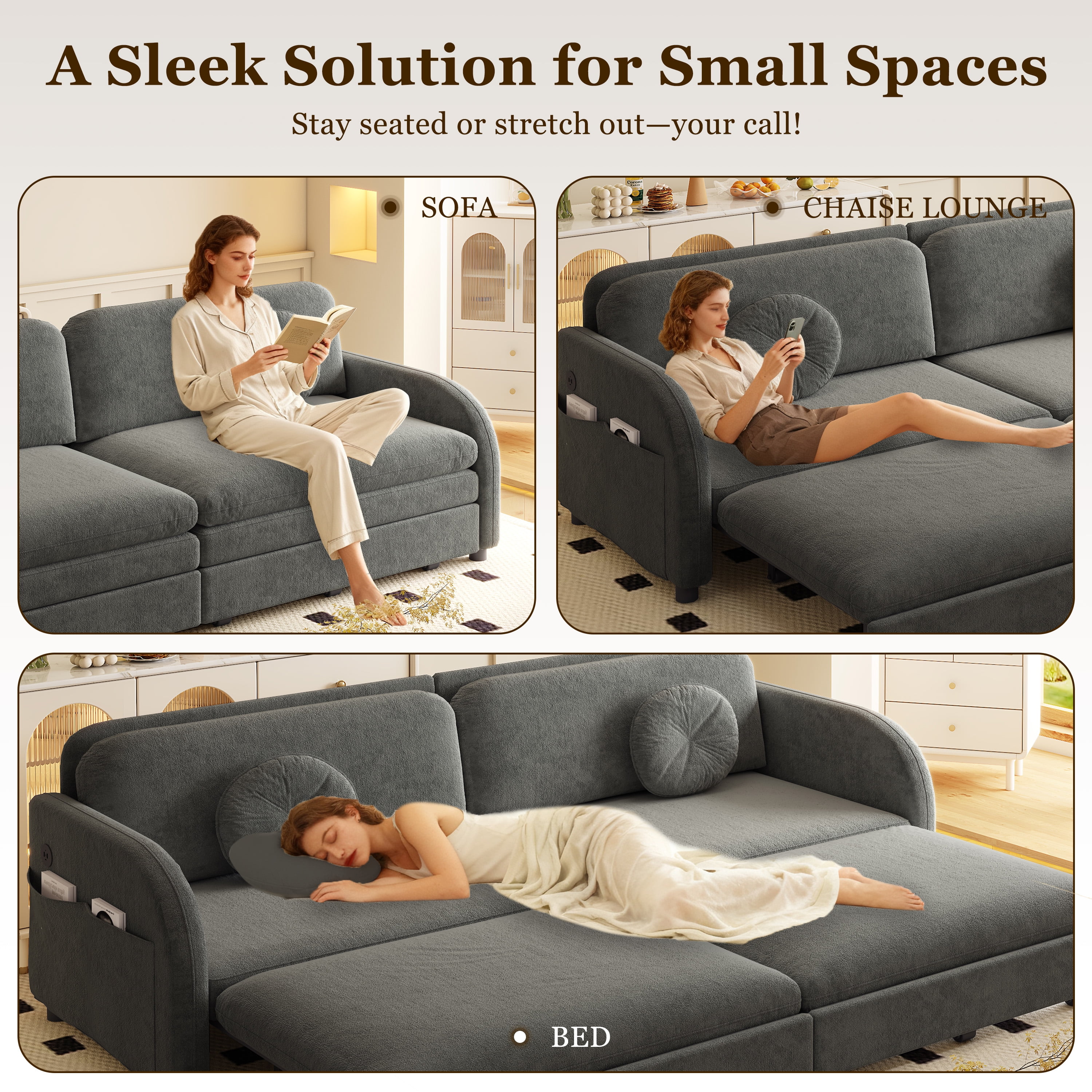 LLappuil Pull Out Sofa Bed Queen Size, Loveseat Sofa Covertible Sofa Bed, Chenille Sofa Couch with USB Port, Side Pocket for Living Room Gray