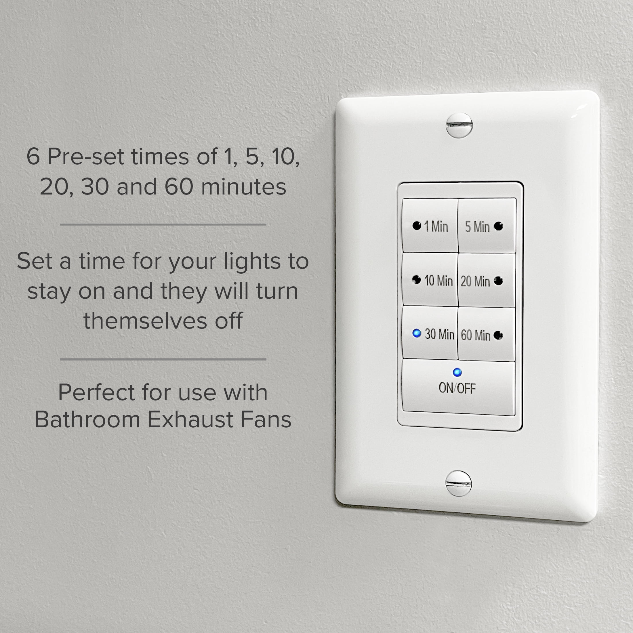 Maxxima 1875 Watt 7 Button Countdown Timer Switch - Maximum 60 Minutes Delay, 1/2 HP for Bathroom Exhaust Fans, Indoor Automated Lighting, Featuring LED Indicator Lights, Wall Plate Included