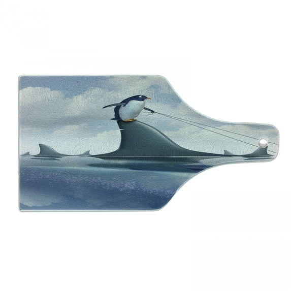 Shark Cutting Board, Fear Management Leadership Concept with a Penguin Holding Shark Humor Design, Decorative Tempered Glass Cutting and Serving Board, Wine Bottle Shape, Blue Grey Dust, by Ambesonne