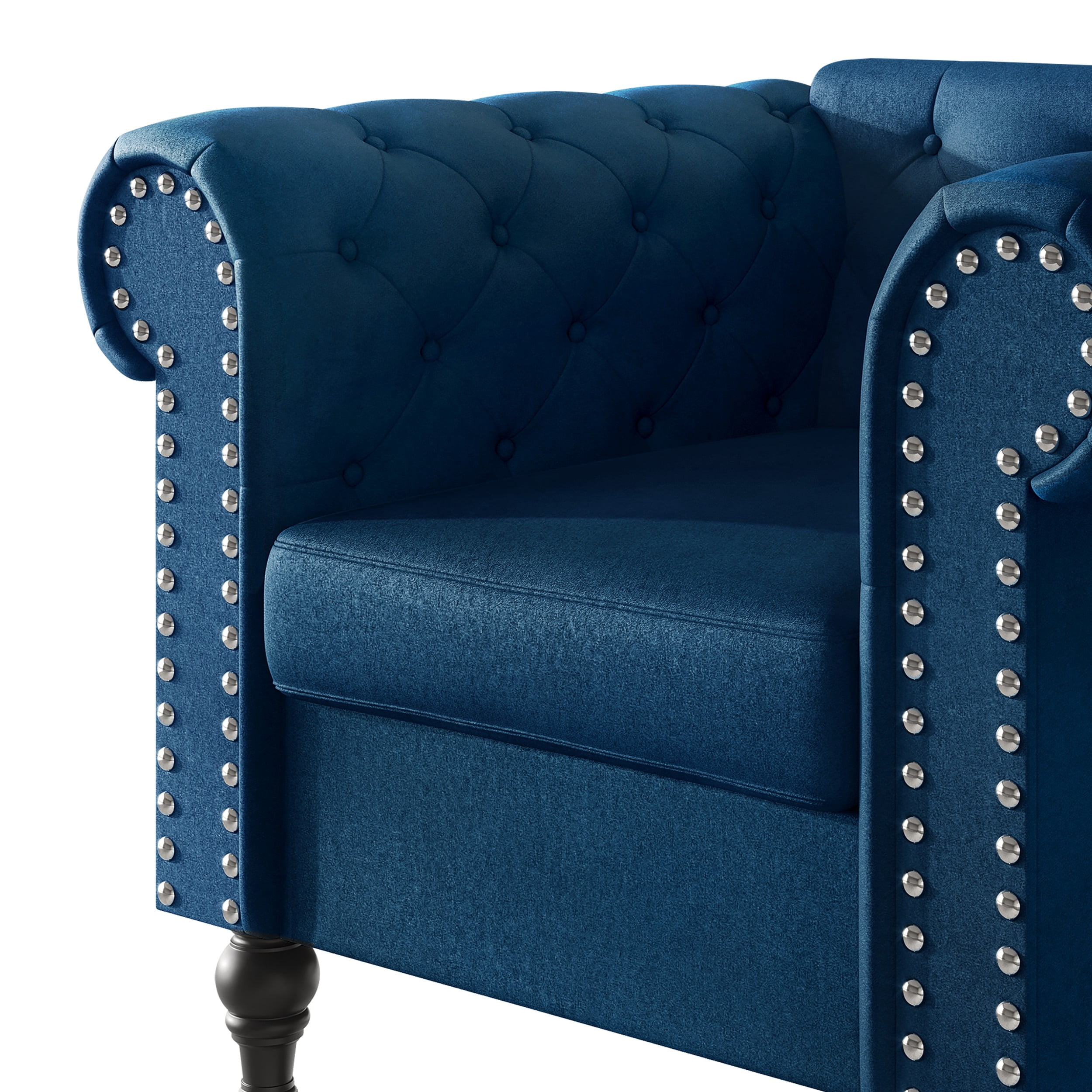 Home Design Kelso Velvet Rolled Arm Chair with Deep Button Tufting, Nailhead Trim and Turned Legs, Blue