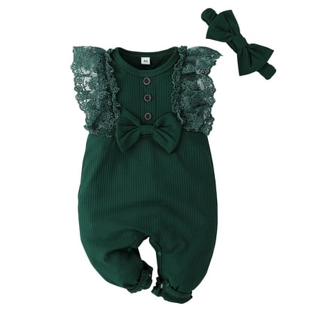 

MAMOWEAR Newborn Baby Girl Clothes Rompers Lace Ruffle Sleeveless One-Pieces Jumpsuits Bodysuit Outfits Set Dark Green 6-9 Months