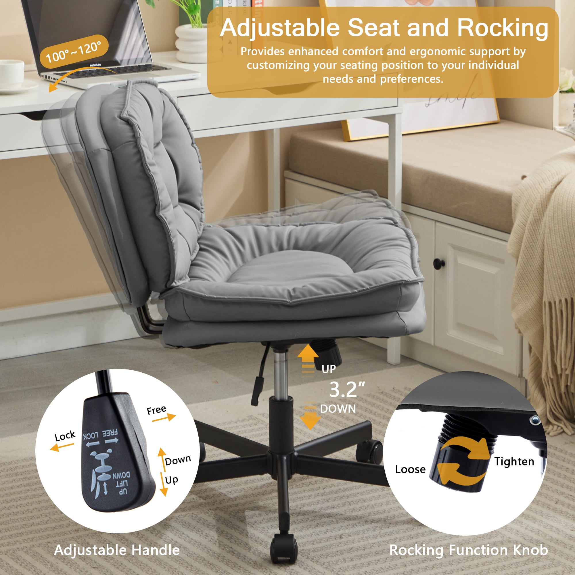 Miniyam Armless-Office Desk Chair with Wheels,PU Leather Cross Legged Wide Chair for Home Office,Gray