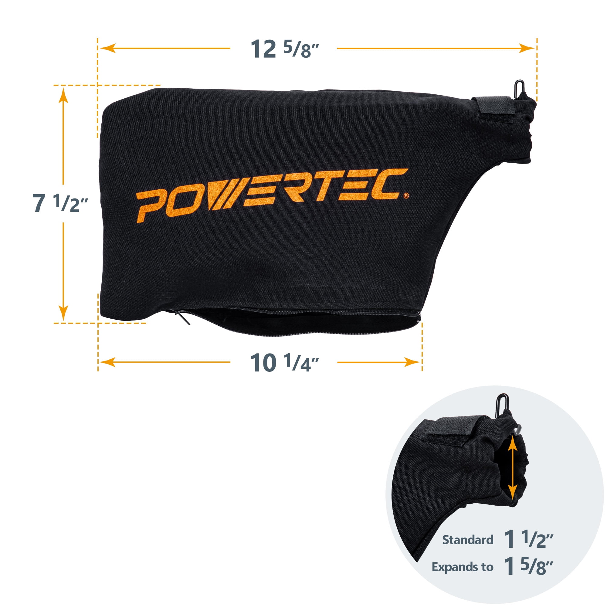 POWERTEC 2PK Miter Saw Dust Collector Bag for 7-1/4", 8-1/2" Miter Saw, Fits Nominal 1-1/2" Dust Ports, Hook and Loop Dust Bag w/Zipper, Wired Adjustable Stand Miter Saw Accessories, 75081-P2