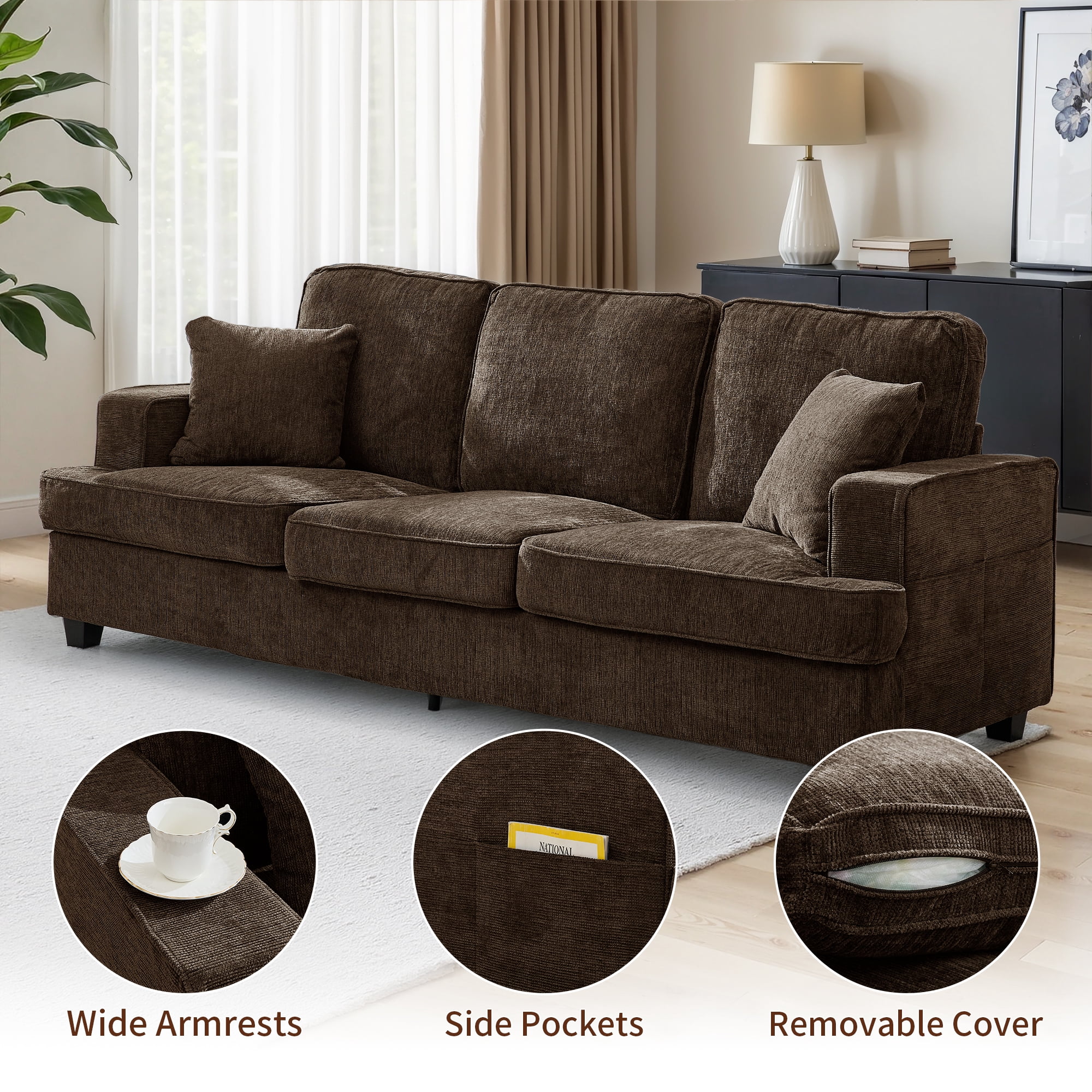Korser 89" Chenille Sofa 3 Seater Couch with Extra Upholstered Deep Seats for Living Room,Removable Cover,Assembly Required,Brown