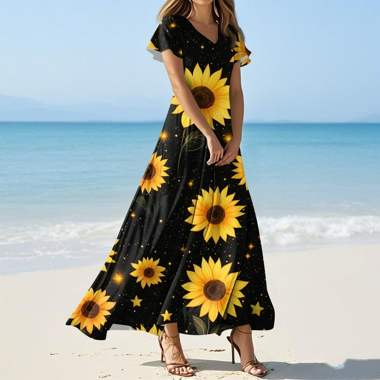Qijie Petite Women Dresses Spring Summer V Neck Casual Floral Holiday Ruffled Short Sleeve Long Dress A-Line Boho Sundress Swing Beach Cocktail Party