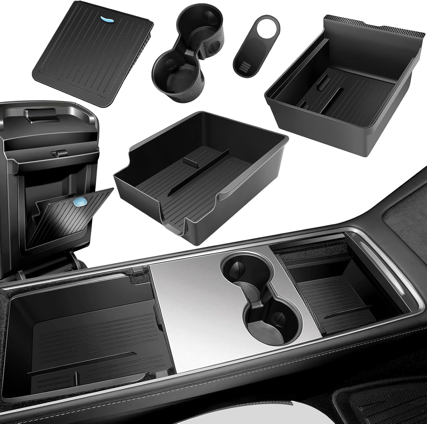 XINTUO 5Pcs Tesla Model Y Center Console Organizer Tray with Armrest Drawer & Cup Holders 2021-2025(Not for Model 3 2024)
