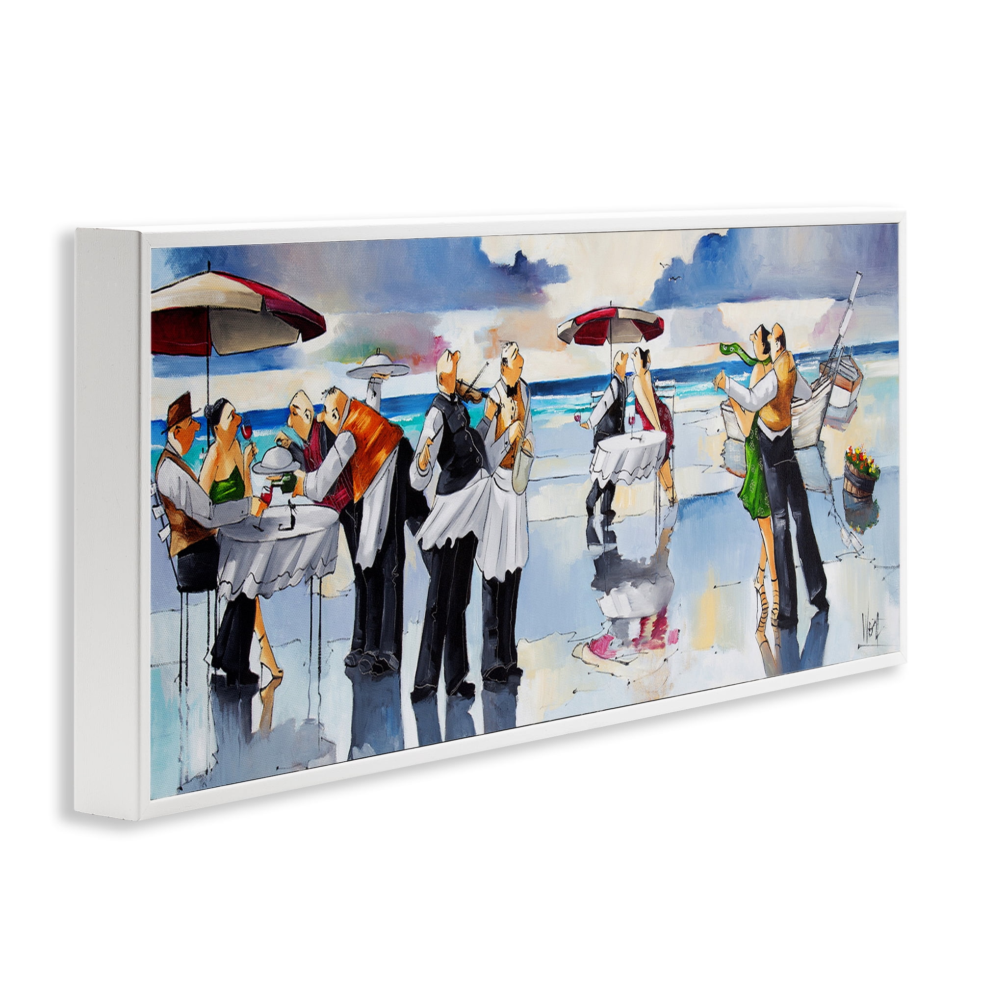 Stupell Industries Fancy Dinner on Beach Novelty Painting White Framed Art Print Wall Art, 24 x 10