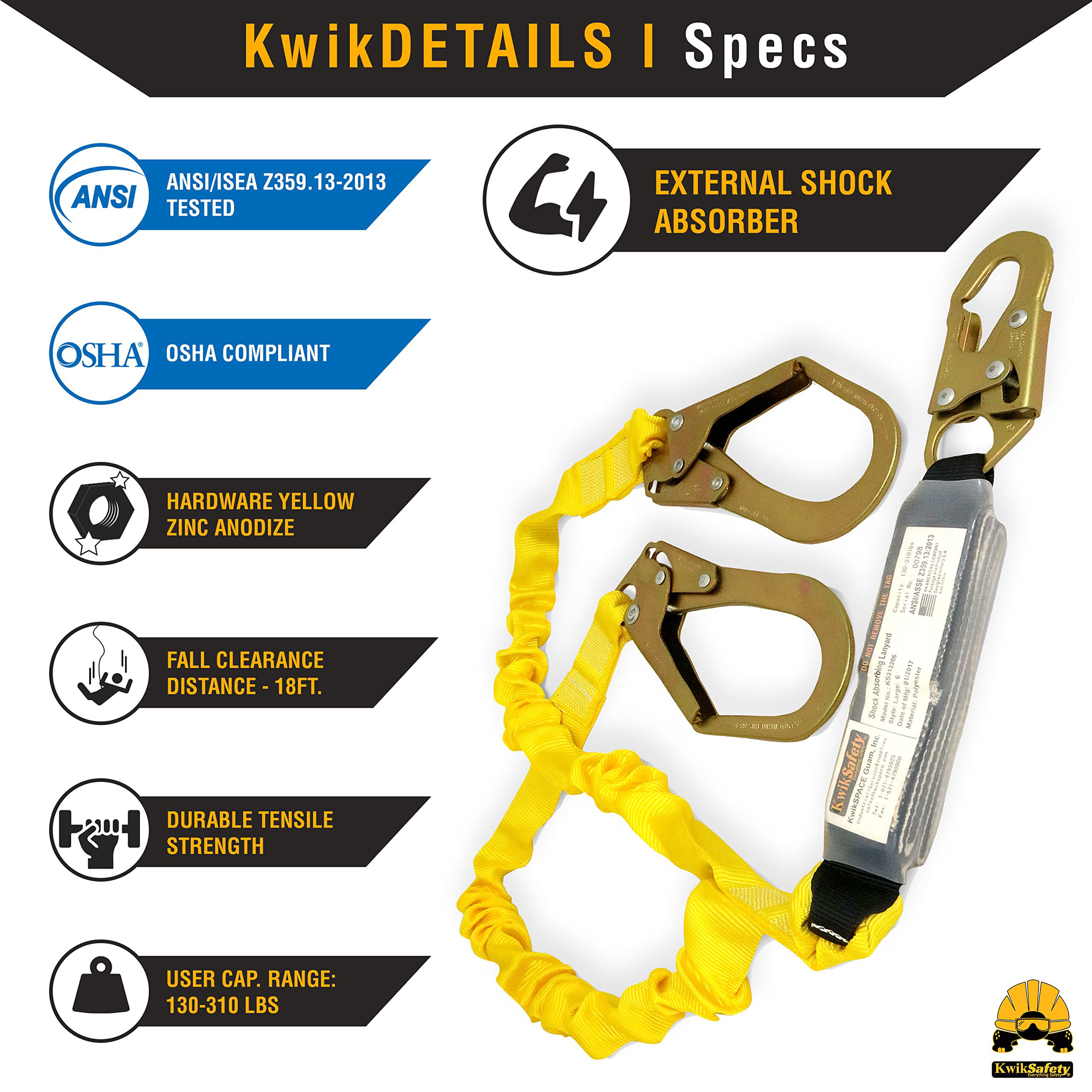 KwikSafety (Charlotte, NC) PYTHON 1 PACK (External Shock Absorber) Double  Leg 6ft Safety Lanyard OSHA ANSI Fall Protection Restraint Equipment Snap  