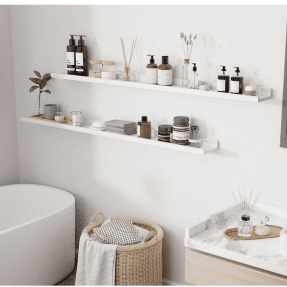 Floating Shelves for Wall, 55 inch Solid Wood Picture Ledge Shelf for Wall Storage, Nursery Book Shelves with Lip for Living Room Bathroom Bedroom Kitchen, Set of 2, Washed White