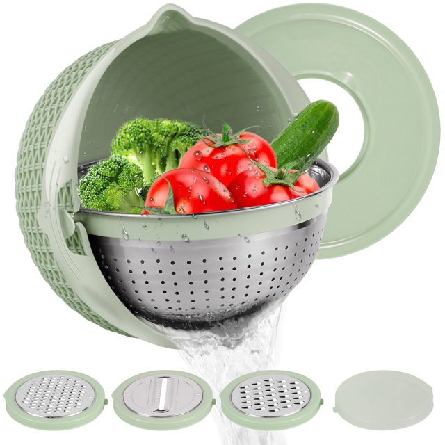 Ensemble de Passoire de Cuisine avec Bol Mélangeur en Plastique, Passoires Alimentaires Rotatives à 360° avec Râpes à 3 Fils, Passoire à Pâtes en Acier Inoxydable avec Poignée, Passoire à Riz, Essoreuse à Salade, Panier de Lavage de Légumes