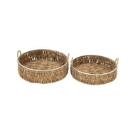 DecMode Wicker, Natural Brown and Beige Seagrass Dried Plant Coastal Serene Table-Top Tray, Set of 2 18", 20"W, featuring Rattan Weave Design and Metal Ring Handle Accents