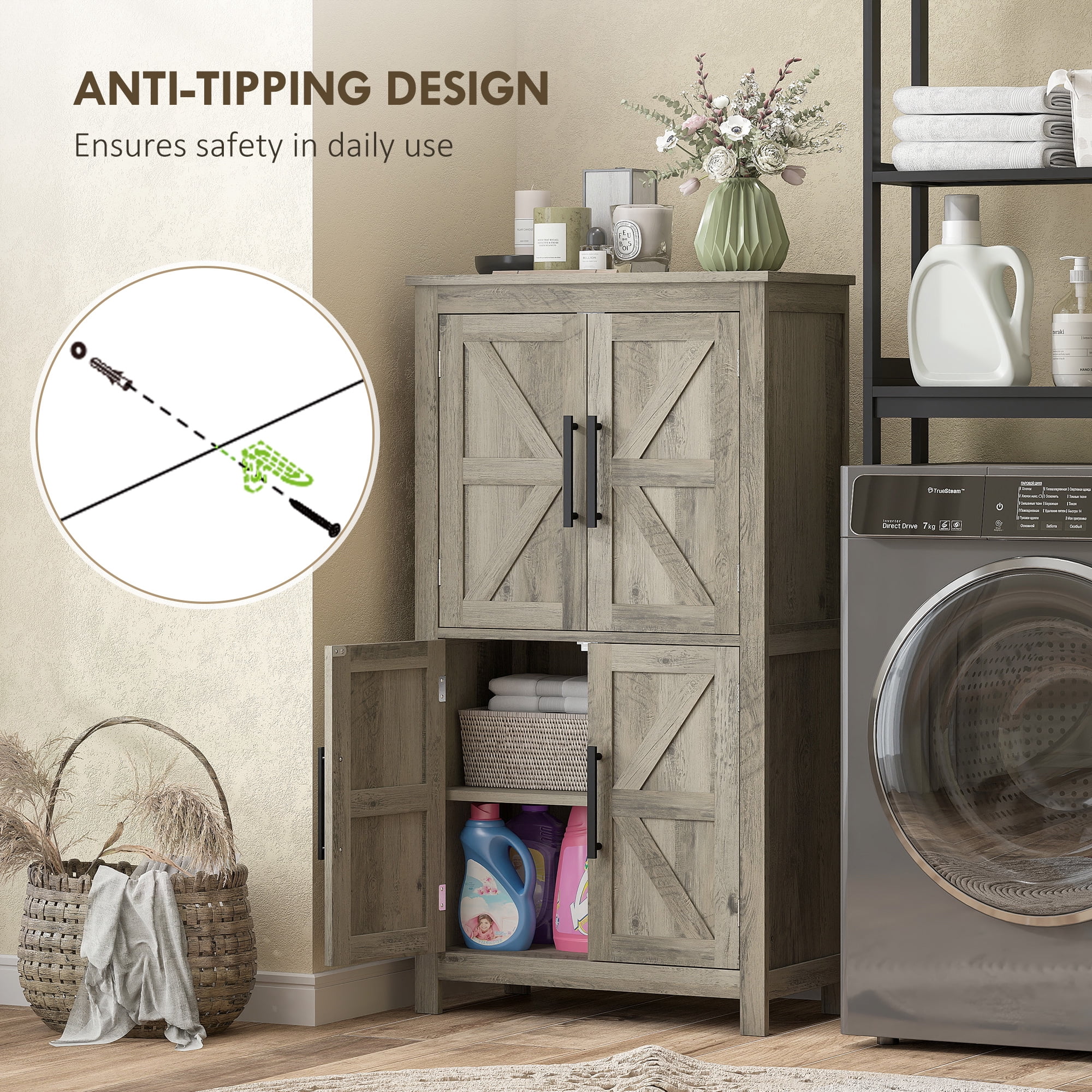 Bathroom Floor Storage Cabinet, Farmhouse Bathroom Cabinet with 4 Doors and Adjustable Shelf, Light Gray