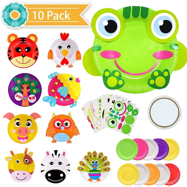YOPTOP 10Pcs Toddler Crafts Paper Plate Art Kit Arts and Crafts for Kids Boys Girls Preschool Easy Animal Plate Craft DIY Projects Supply Kit Creative Home Activity Craft Party Groups Gift