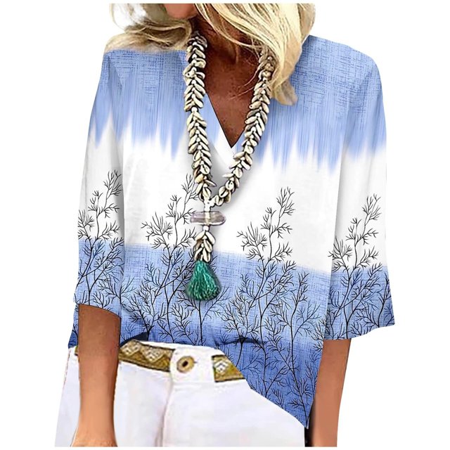 ICHUANYI Clearance Women's Fashion Printed Loose T-shirt 3/4 Sleeves Blouse V Neck Casual Tops(Blue, M) ICHUANYI WER2023080911396