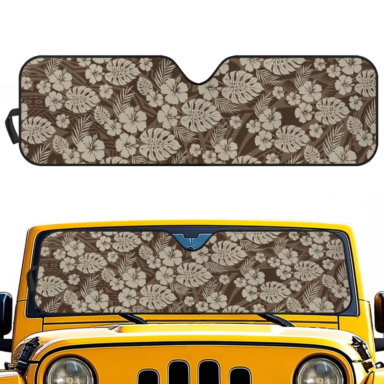 Uorisanigo Windshield Sun Shade Compatible with Jeep Wrangler TJ JK JL & Gladiator JT 2/4 Door Foldable Brown Hibiscus Leaf Sunshade, Blocks UV Rays and Heat, Keep Interior Cool, Outdoor Camping