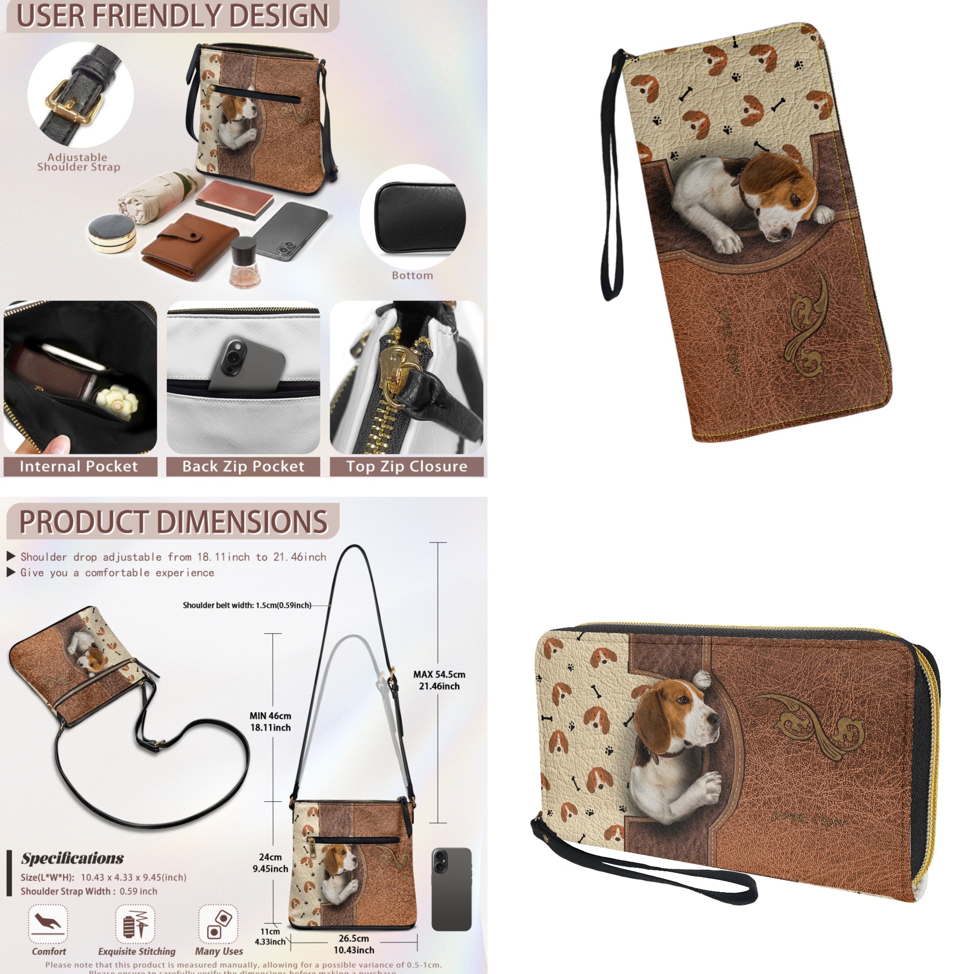 ZUXONGSY Beagle Dog Print Crossbody Hobo Purse and Wallet Set for Women PU Leather Satchel Bag Multi Pockets Messenger Purse Shoulder Handbag with Adjustable Strap
