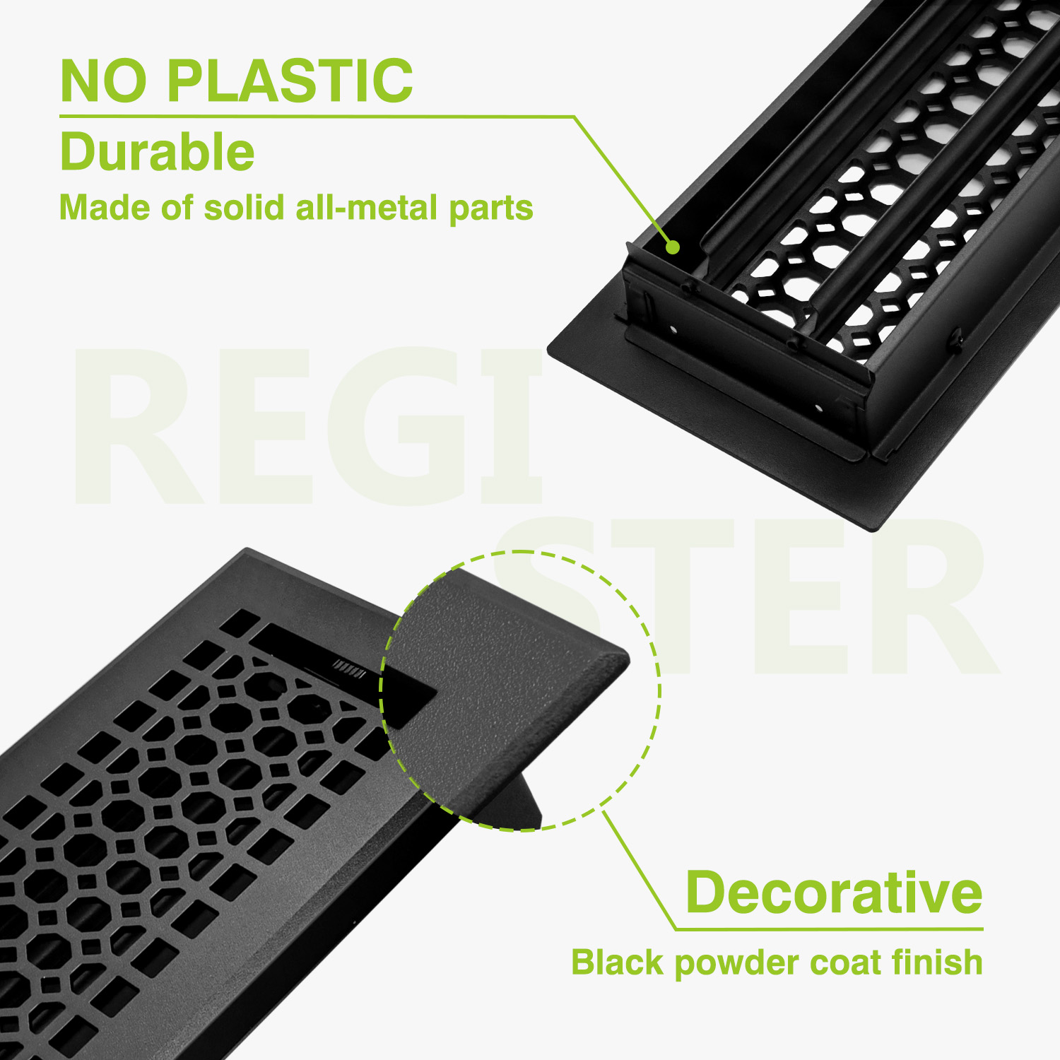 Naiture Louvered Floor Register, Honeycomb Style Stainless Steel with Damper or Lever, Duct Size 4" X 10" (Overall Size 5-1/4" X 11-5/8"), Black Finish