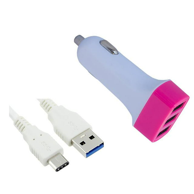 Type-C USB Car/DC Charger for Huawei Mate 9, Mate 9 Pro, Mate 9 Porsche Design, Nova Plus, Nova, P9 Plus, P9 (3 USB Port, Type-C USB Data Charging Cable included) - White/ Hot Pink + MND Stylus