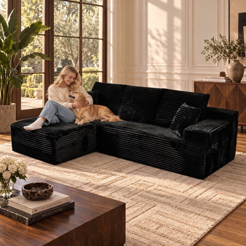 avobird 107" Boneless Cloud Modular Sectional Sofa Couch with Left Side L-Shape Chaise,Modern Corduroy Upholstered Couches for Living Room Bedroom,Deep Seat Corner Couch, Black