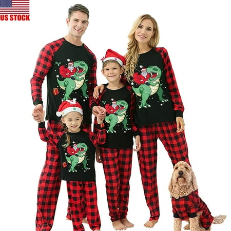 

Sunisery Christmas Family Pajamas Matching Sets Dinosaur Santa Claus Classic Plaid Xmas Clothes Soft Outfit Sleepwear