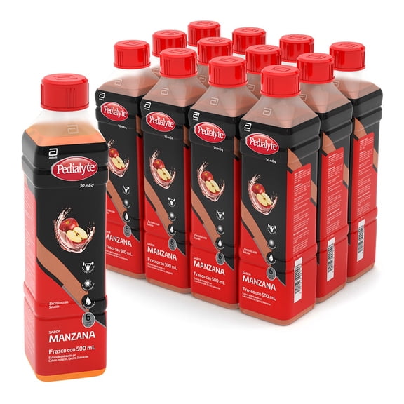 Solución Oral Pedialyte 30 mEq Manzana para Deshidratación Pack 12 de 500ml c/u