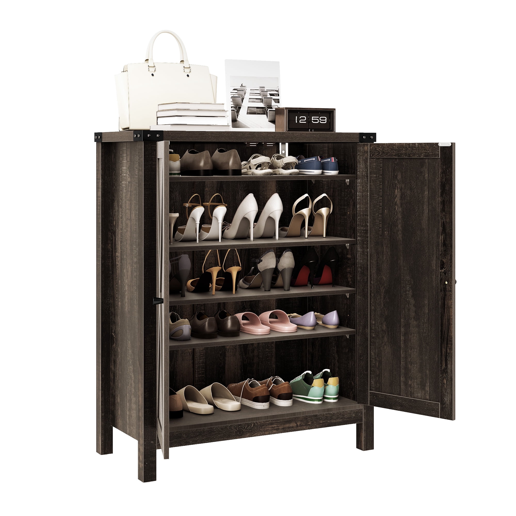 Uforic Farmhouse Shoe Cabinet with Door, 5-Tier Freestanding Shoe Organizer with Open Shelf