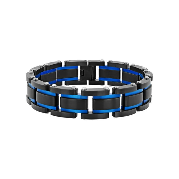 Men's Black and Blue Stainless Steel Link Bracelet