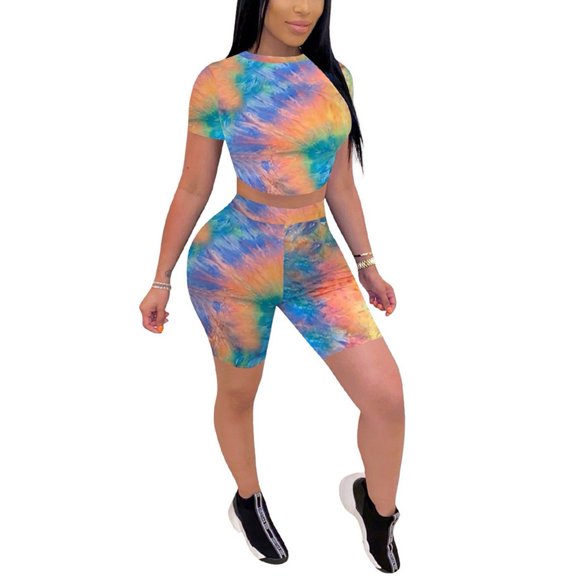 Gym Women´s Ladies Backless Tie Dye Bodycon Cycling Shorts 2PCS Co ord